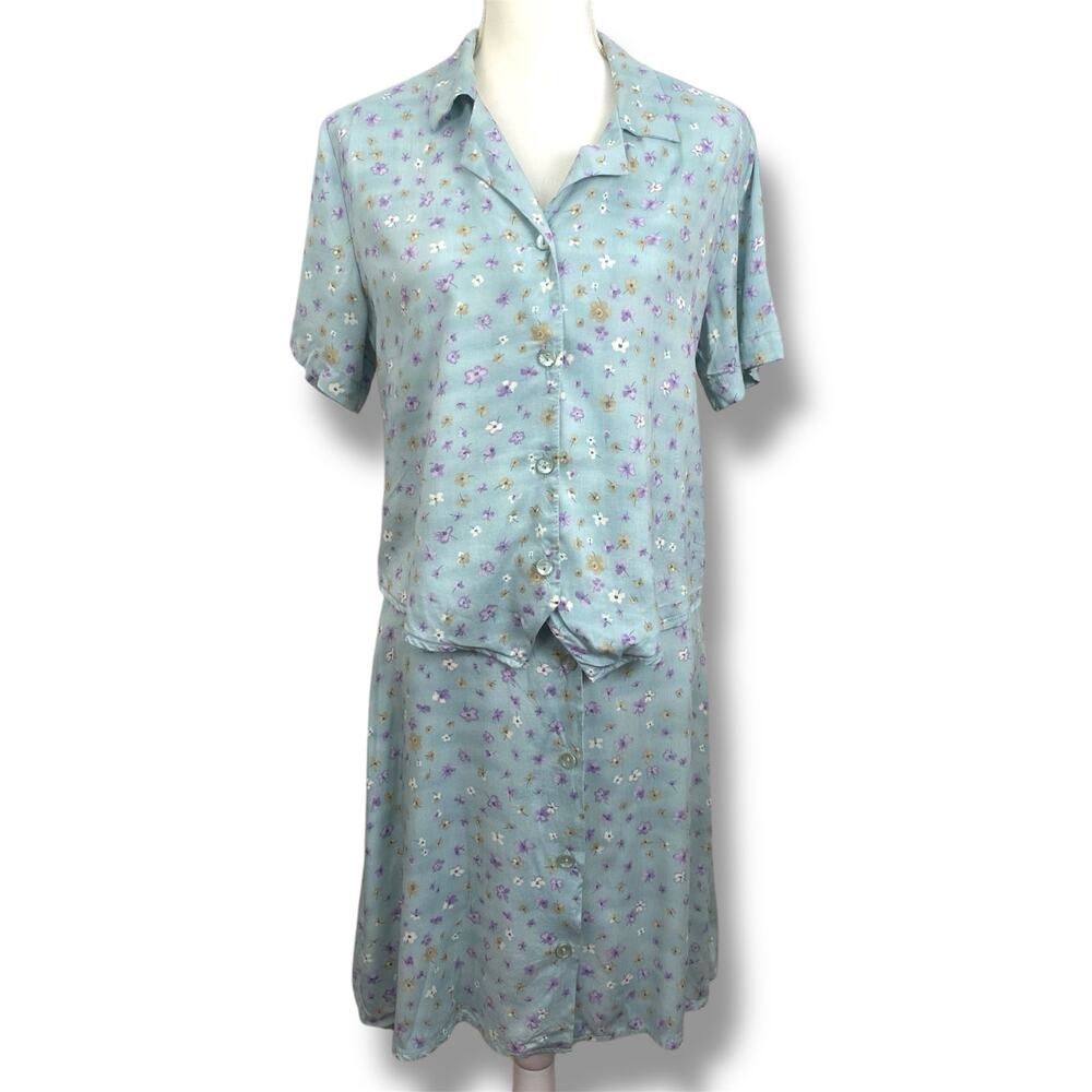 VTG 80s Bentley 100% Rayon Blue Floral Skirt Set